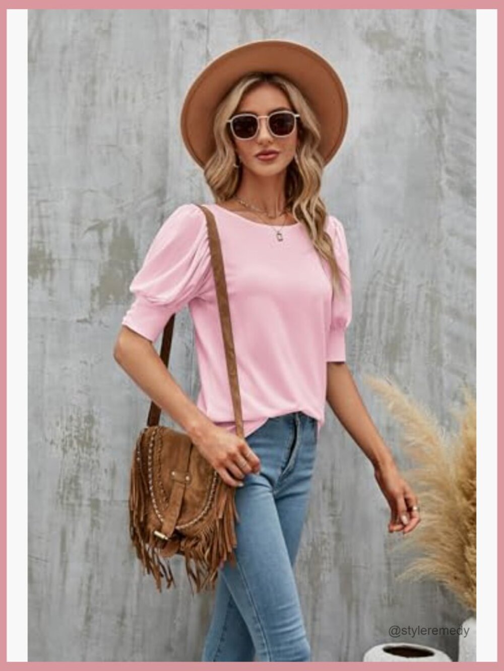 Women's Puff Sleeve Blouse Crewneck Loose Fit Casual Top - Picture 5 of 7